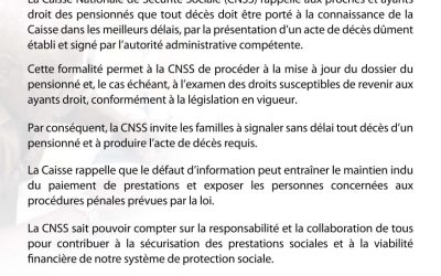 COMMUNIQUE CNSS : Portant obligation déclarative des décès